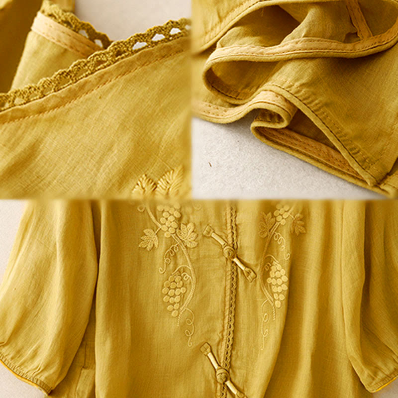 Buddha Stones Embroidered Grapes Pattern Lace Design Frog-Button Three Quarter Sleeve Women's Cotton Shirt - image 13