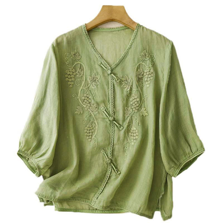 Buddha Stones Embroidered Grapes Pattern Lace Design Frog-Button Three Quarter Sleeve Women's Cotton Shirt - image 4
