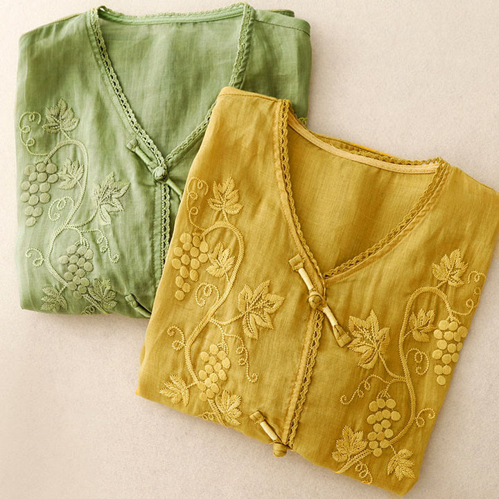 Buddha Stones Embroidered Grapes Pattern Lace Design Frog-Button Three Quarter Sleeve Women's Cotton Shirt - image 15