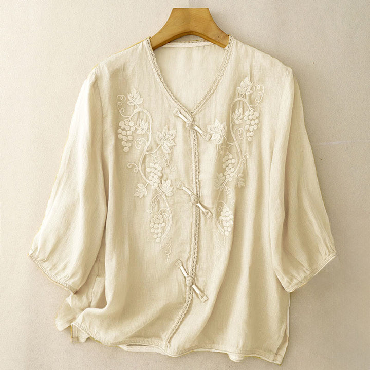 Buddha Stones Embroidered Grapes Pattern Lace Design Frog-Button Three Quarter Sleeve Women's Cotton Shirt - LightGoldenrodYellow - US8-10，UK/AU12-14，EU40-42 (2XL) - image 5