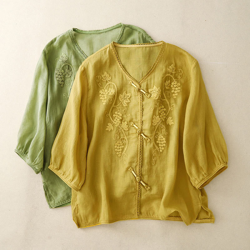 Buddha Stones Embroidered Grapes Pattern Lace Design Frog-Button Three Quarter Sleeve Women's Cotton Shirt - image 14