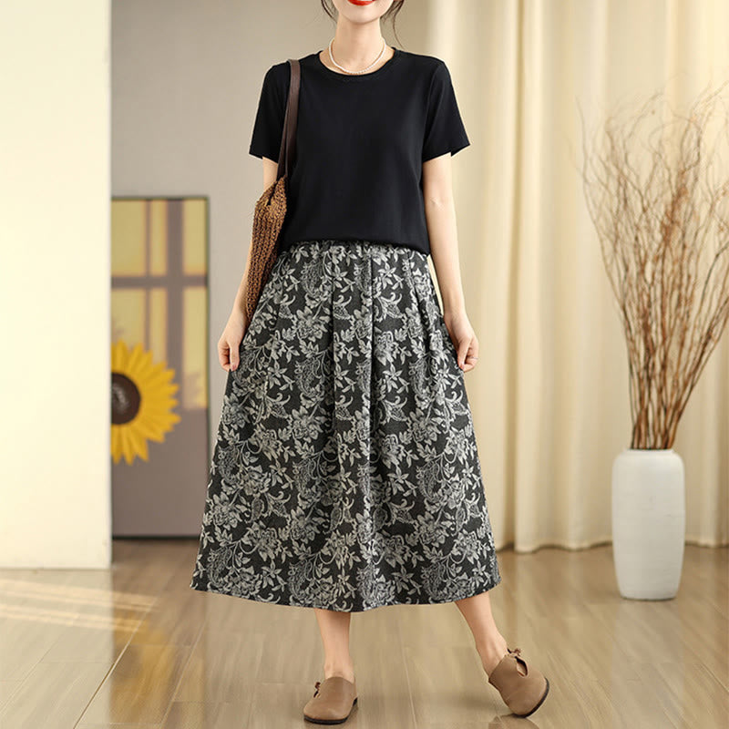 Buddha Stones Printing Flower Paisley Pattern A-line Elastic Waist Cotton Women's Skirt With Pockets - image 6