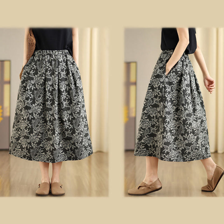 Buddha Stones Printing Flower Paisley Pattern A-line Elastic Waist Cotton Women's Skirt With Pockets - image 7