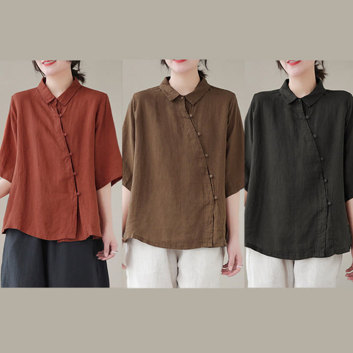 Buddha Stones Lapel Frog-Button Diagonal Placket Design Three Quarter Sleeve Women's Cotton Shirt - image 19