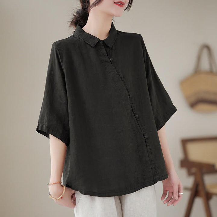Buddha Stones Lapel Frog-Button Diagonal Placket Design Three Quarter Sleeve Women's Cotton Shirt - Black - US8-10，UK/AU12-14，EU40-42 (2XL) - image 10