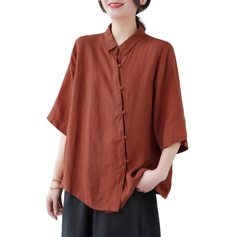 Buddha Stones Lapel Frog-Button Diagonal Placket Design Three Quarter Sleeve Women's Cotton Shirt - image 9