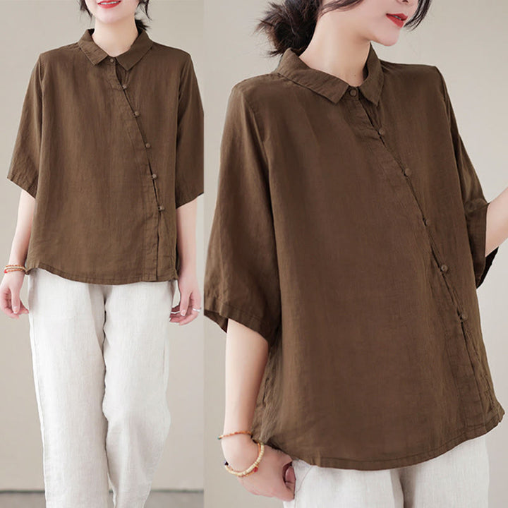 Buddha Stones Lapel Frog-Button Diagonal Placket Design Three Quarter Sleeve Women's Cotton Shirt - image 17