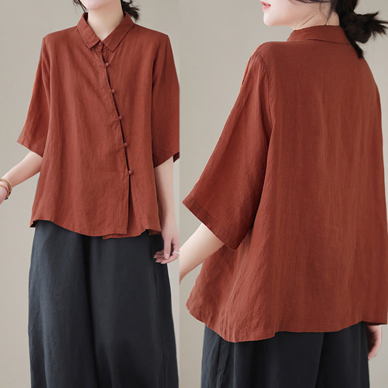 Buddha Stones Lapel Frog-Button Diagonal Placket Design Three Quarter Sleeve Women's Cotton Shirt - image 4