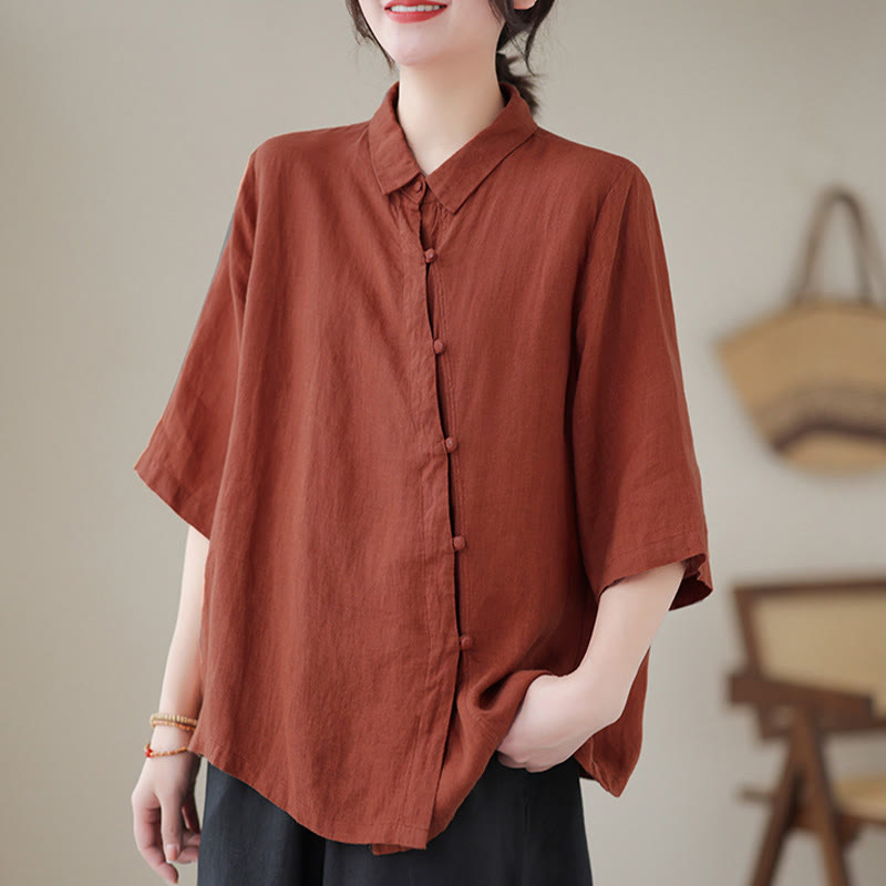 Buddha Stones Lapel Frog-Button Diagonal Placket Design Three Quarter Sleeve Women's Cotton Shirt - image 3