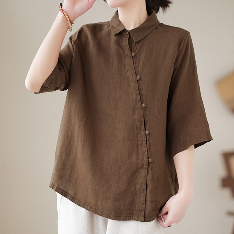 Buddha Stones Lapel Frog-Button Diagonal Placket Design Three Quarter Sleeve Women's Cotton Shirt - image 14
