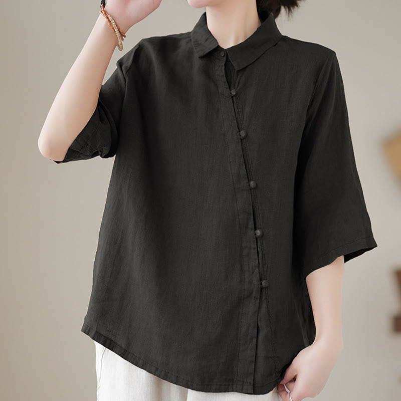 Buddha Stones Lapel Frog-Button Diagonal Placket Design Three Quarter Sleeve Women's Cotton Shirt - image 11