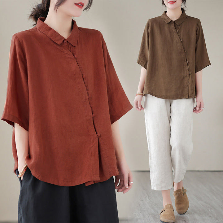 Buddha Stones Lapel Frog-Button Diagonal Placket Design Three Quarter Sleeve Women's Cotton Shirt - image 18