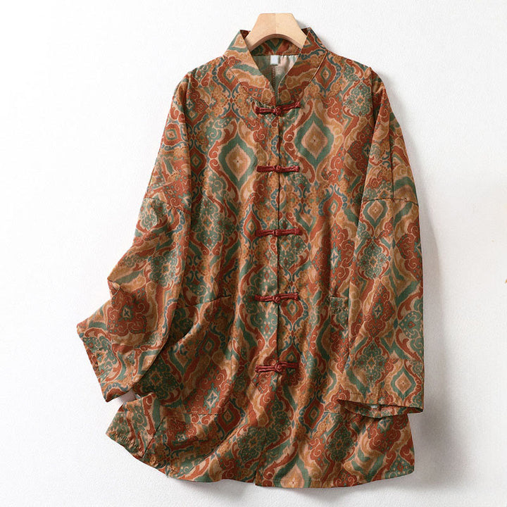 Buddha Stones Printing Chinese Frog-Button Long Sleeve Stand Collar Women's Shirt With Pockets - Peru - US12，UK/AU16，EU44 (XL) - image 0