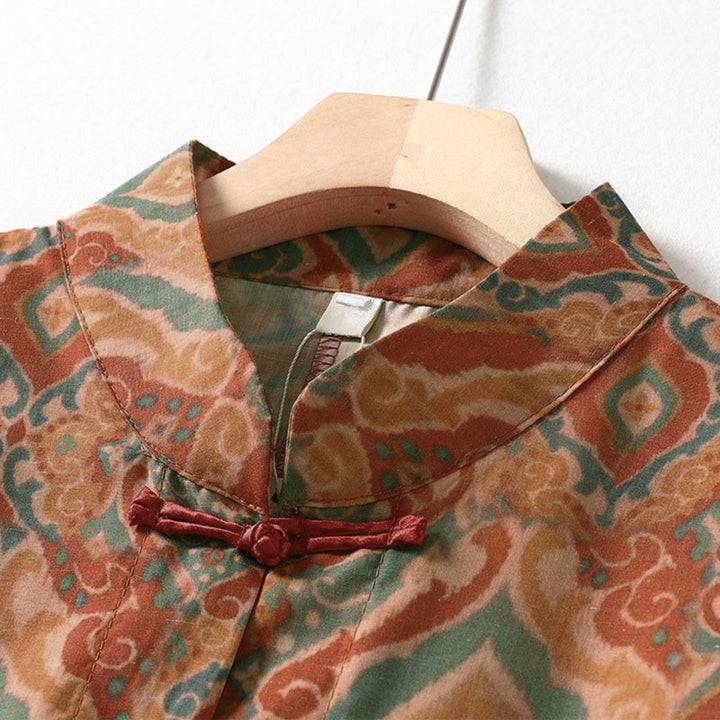 Buddha Stones Printing Chinese Frog-Button Long Sleeve Stand Collar Women's Shirt With Pockets - image 2