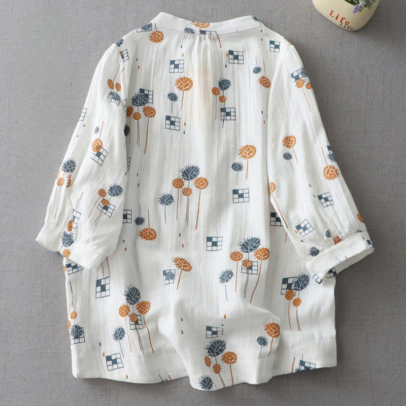Buddha Stones Printed Half Button DesignThree Quarter Gathered Sleeve Women's Cotton Shirt - image 1