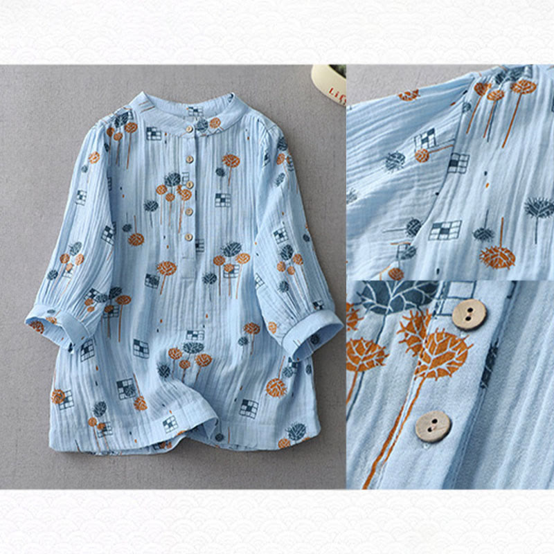 Buddha Stones Printed Half Button DesignThree Quarter Gathered Sleeve Women's Cotton Shirt - image 17