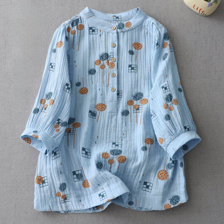 Buddha Stones Printed Half Button DesignThree Quarter Gathered Sleeve Women's Cotton Shirt - LightSkyBlue - US6，UK/AU10，EU38 (XL) - image 11