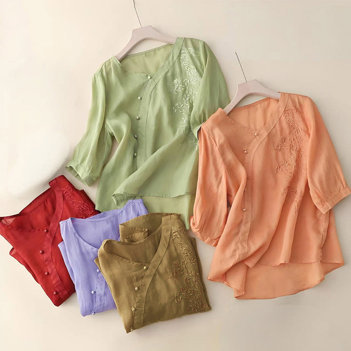 Buddha Stones Casual Loose Flower Embroidery Frog Button Short Sleeve Women's Shirt - image 8