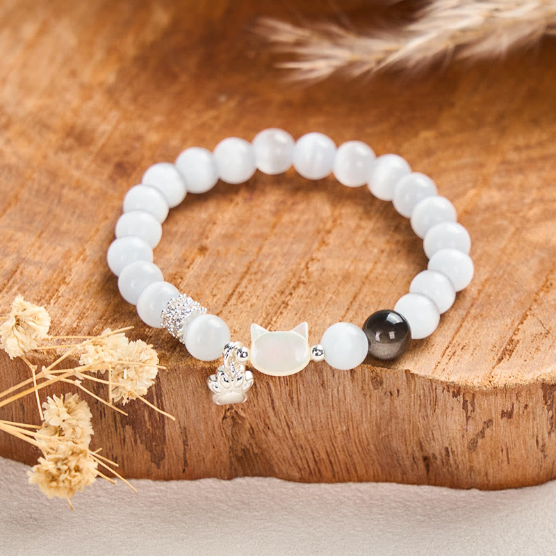 Buddha Stones Cat Head White Cat's Eye Silver Sheen Obsidian Positive Bracelet - image 1