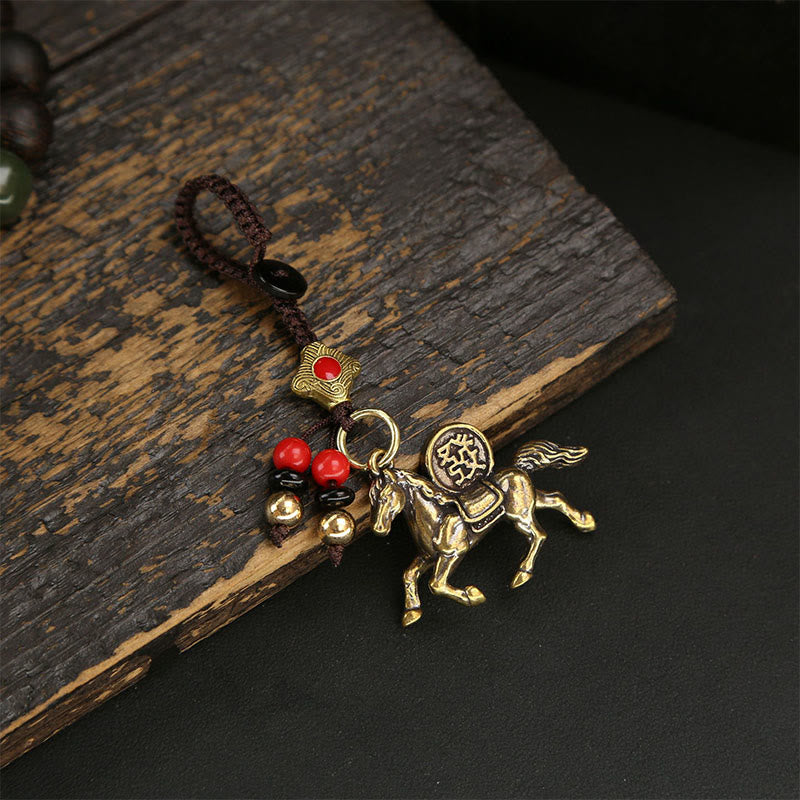 Buddha Stones Year Of The Horse Copper Brass Five-emperor Coins Pixiu Ward Off Evil Spirits Key Chain - Red Bead Horse - image 5