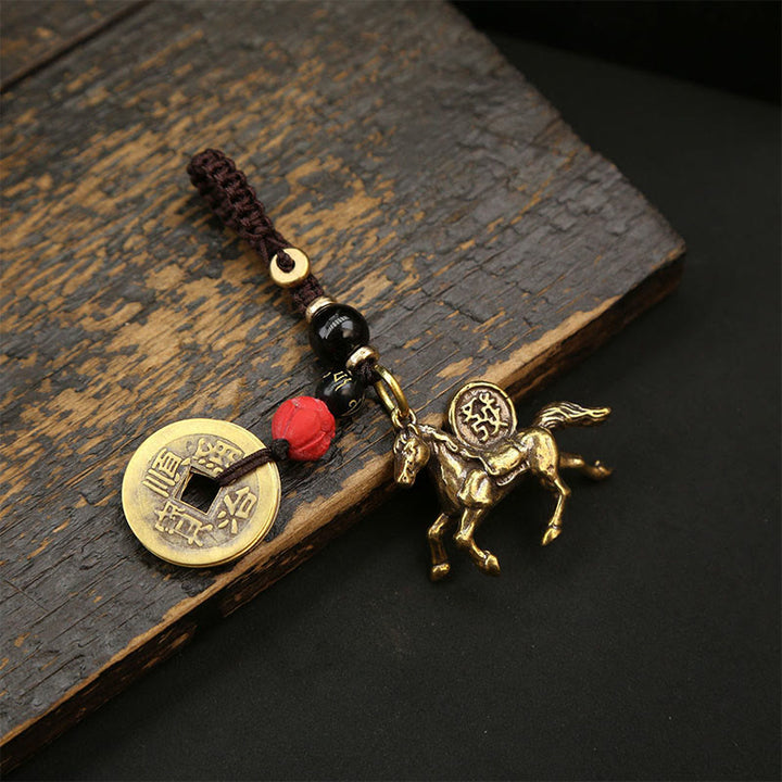 Buddha Stones Year Of The Horse Copper Brass Five-emperor Coins Pixiu Ward Off Evil Spirits Key Chain - Red Black Bead Five-Emperor Coins Horse - image 10
