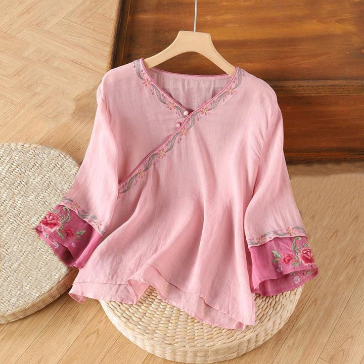 Buddha Stones Spring Retro Embroidery Button Design Three Quarter Sleeve Women's Cotton Shirt - LightPink - US14，UK/AU18，EU46 (4XL) - image 1