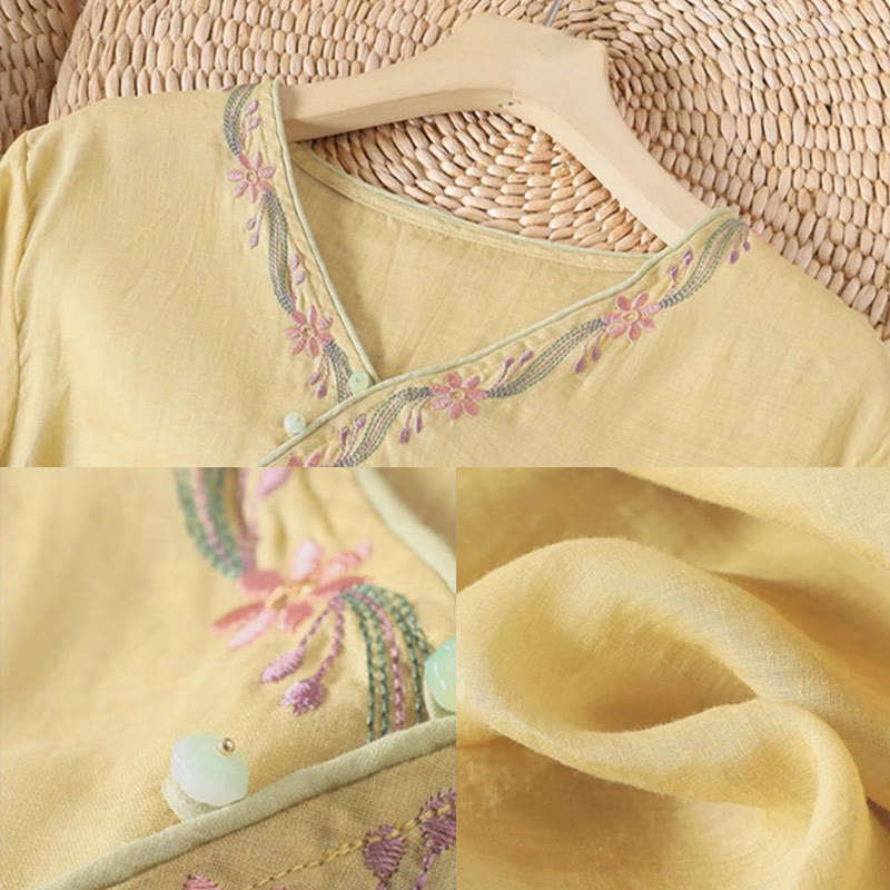 Buddha Stones Spring Retro Embroidery Button Design Three Quarter Sleeve Women's Cotton Shirt - image 5