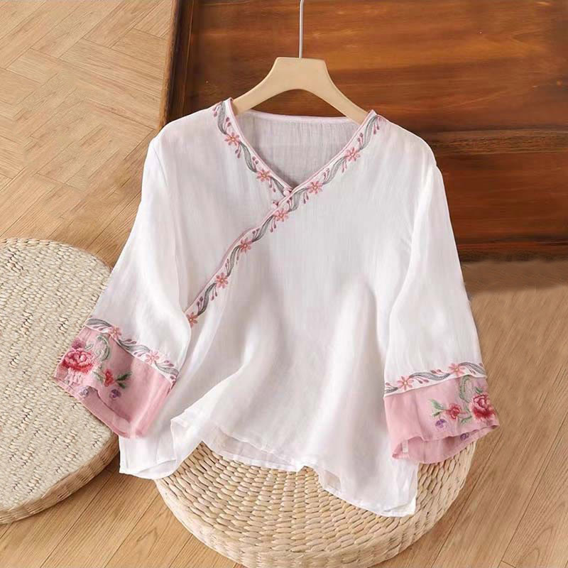 Buddha Stones Spring Retro Embroidery Button Design Three Quarter Sleeve Women's Cotton Shirt - LavenderBlush - US12，UK/AU16，EU44 (4XL) - image 2