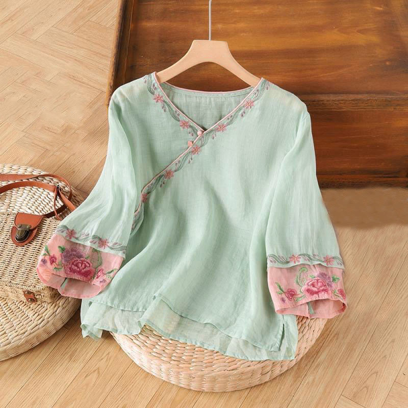 Buddha Stones Spring Retro Embroidery Button Design Three Quarter Sleeve Women's Cotton Shirt - Honeydew - US12，UK/AU16，EU44 (4XL) - image 3