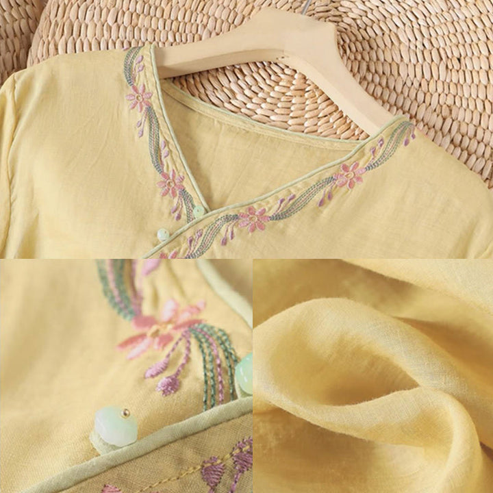 Buddha Stones Spring Retro Embroidery Button Design Three Quarter Sleeve Women's Cotton Shirt - image 5