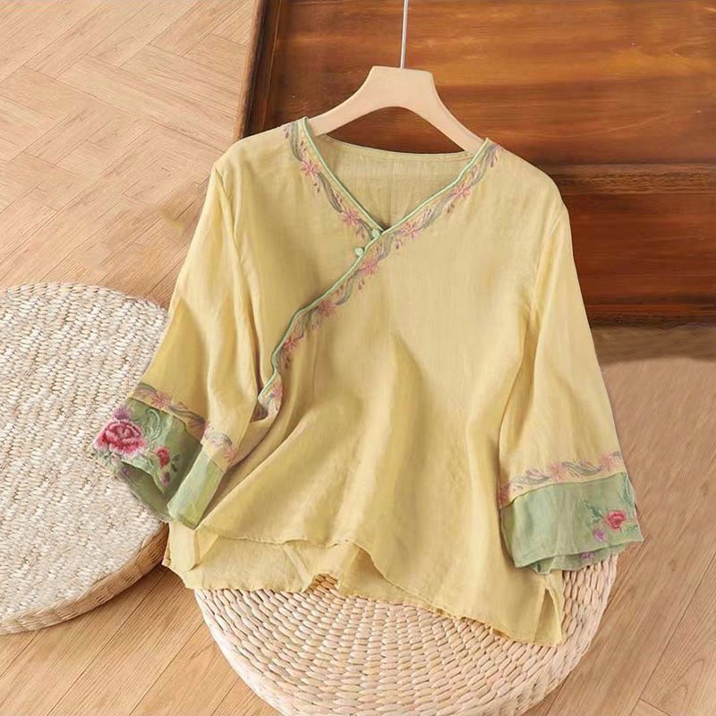 Buddha Stones Spring Retro Embroidery Button Design Three Quarter Sleeve Women's Cotton Shirt - Khaki - US14，UK/AU18，EU46 (4XL) - image 4