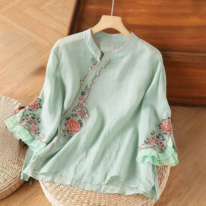 Buddha Stones Casual Loose Peony Embroidery Frog Button Three Quarter Sleeve Women's Shirt - PaleTurquoise - US14，UK/AU18，EU46 (4XL) - image 4