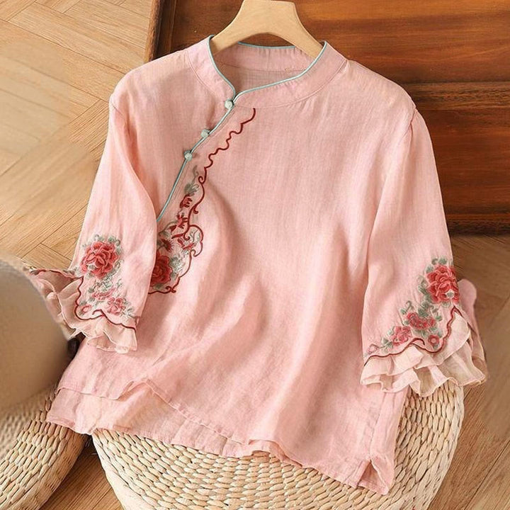Buddha Stones Casual Loose Peony Embroidery Frog Button Three Quarter Sleeve Women's Shirt - Pink - US12，UK/AU16，EU44 (4XL) - image 1