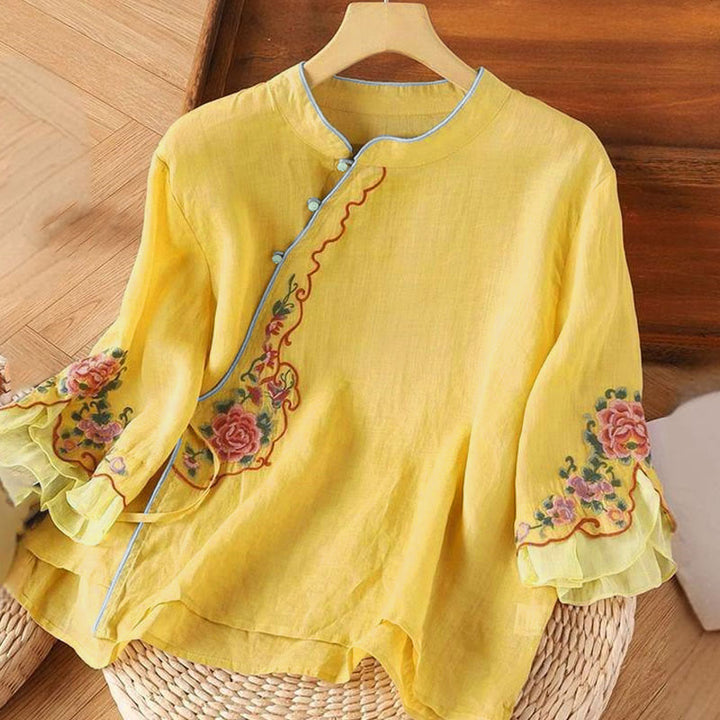 Buddha Stones Casual Loose Peony Embroidery Frog Button Three Quarter Sleeve Women's Shirt - Gold - US14，UK/AU18，EU46 (4XL) - image 0