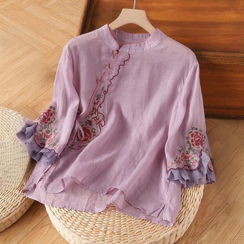 Buddha Stones Casual Loose Peony Embroidery Frog Button Three Quarter Sleeve Women's Shirt - Plum - US14，UK/AU18，EU46 (4XL) - image 3