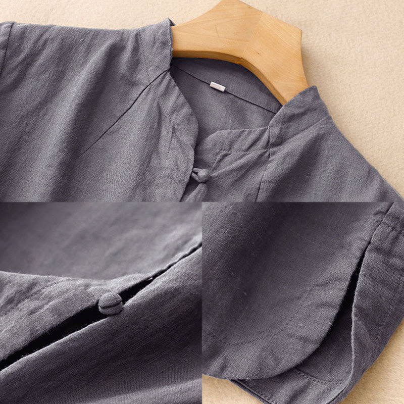 Buddha Stones Summer Women's Cotton Short Sleeve Stand Collar Side Slit Frog-Button Design Shirt - image 16