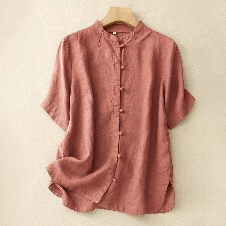 Buddha Stones Summer Women's Short Sleeve Stand Collar Side Slit Frog-Button Design Shirt - DarkSalmon - US8-10，UK/AU12-14，EU40-42 (2XL) - image 7
