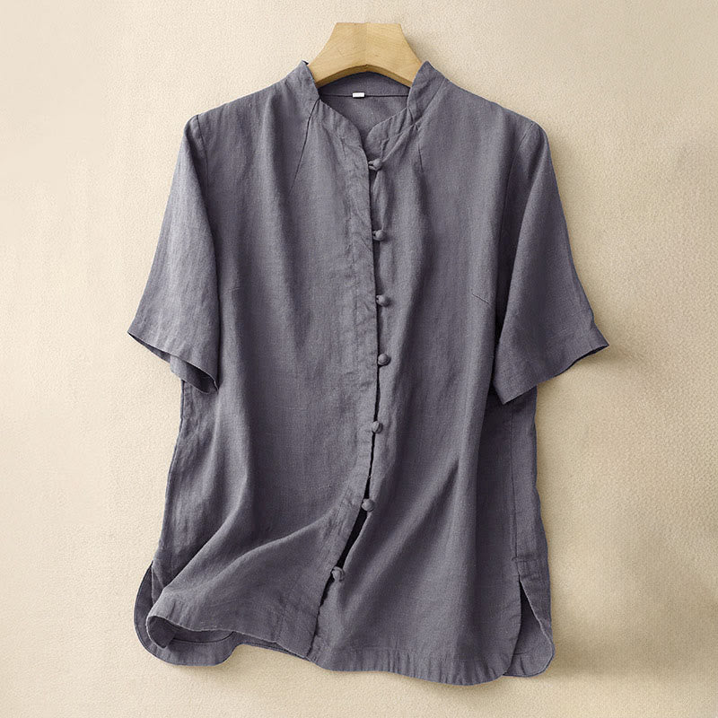Buddha Stones Summer Women's Cotton Short Sleeve Stand Collar Side Slit Frog-Button Design Shirt - SlateGray - US8-10，UK/AU12-14，EU40-42 (2XL) - image 13