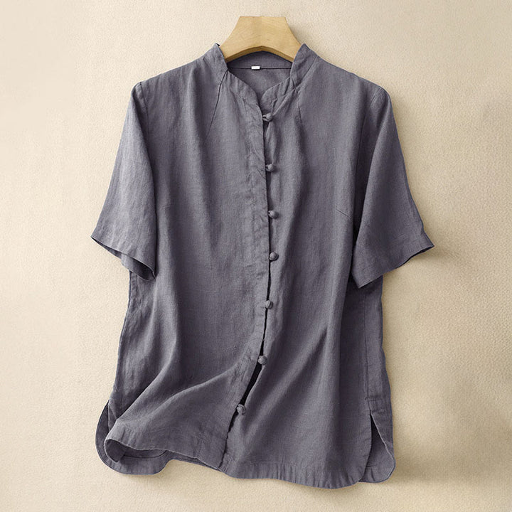 Buddha Stones Summer Women's Cotton Short Sleeve Stand Collar Side Slit Frog-Button Design Shirt - SlateGray - US8-10，UK/AU12-14，EU40-42 (2XL) - image 13
