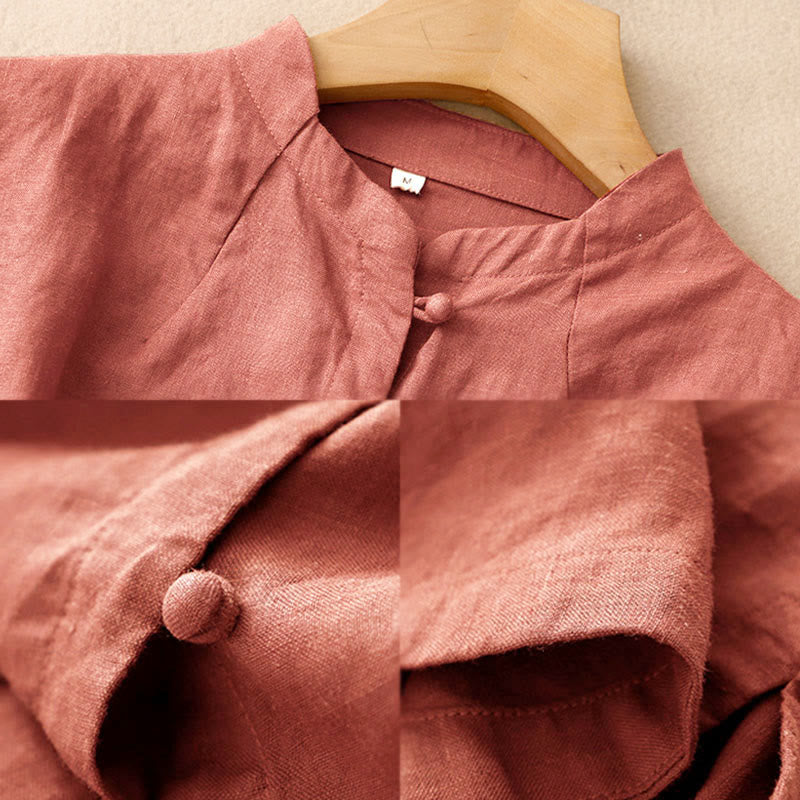 Buddha Stones Summer Women's Short Sleeve Stand Collar Side Slit Frog-Button Design Shirt - image 12