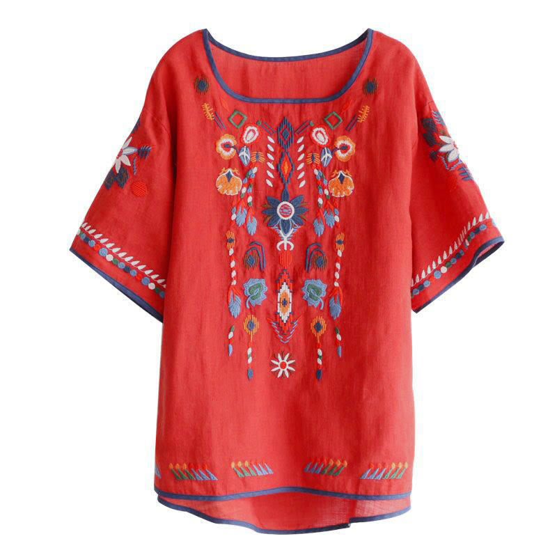 Buddha Stones Retro Artistic Embroidery Floral Pattern Crew Neck Women's Cotton Linen Short Sleeve T-Shirt - image 13
