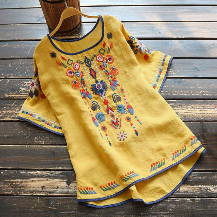 Buddha Stones Retro Artistic Embroidery Floral Pattern Crew Neck Women's Cotton Linen Short Sleeve T-Shirt - Yellow - US14，UK/AU18，EU46 (4XL) - image 14