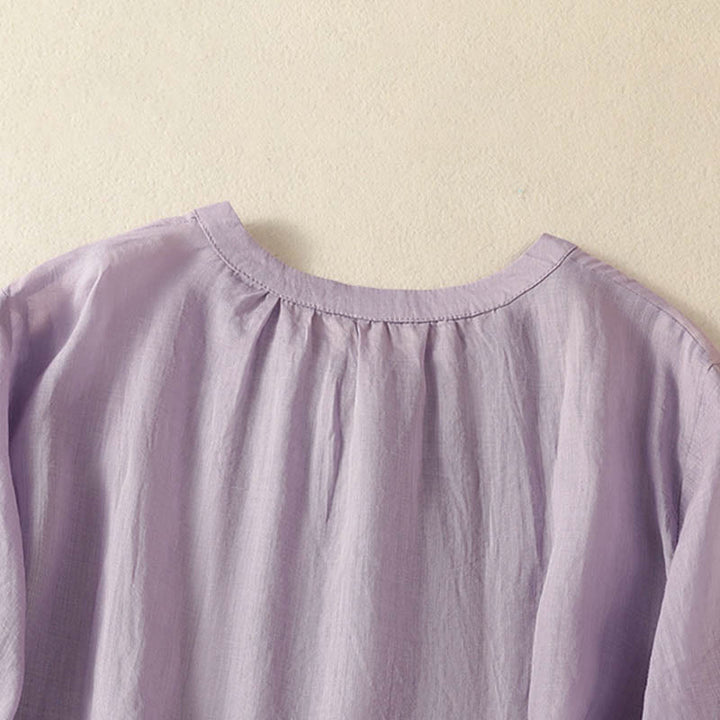 Buddha Stones Summer Embroidery Flower Lace-up Design Notched Collar Women's Short Sleeve Shirt - image 3