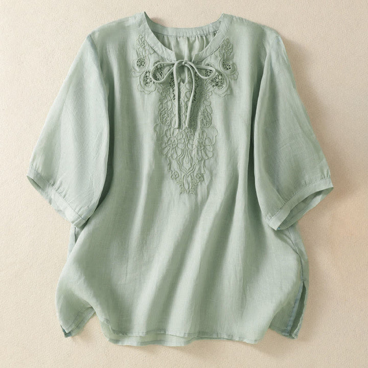 Buddha Stones Summer Embroidery Flower Lace-up Design Notched Collar Women's Short Sleeve Shirt - MediumAquamarine - US8-10，UK/AU12-14，EU40-42 (2XL) - image 6