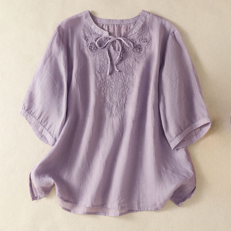 Buddha Stones Summer Embroidery Flower Lace-up Design Notched Collar Women's Short Sleeve Shirt - Plum - US8-10，UK/AU12-14，EU40-42 (2XL) - image 0