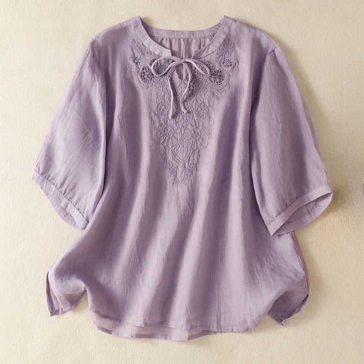 Buddha Stones Summer Embroidery Flower Lace-up Design Notched Collar Women's Short Sleeve Shirt - Plum - US8-10，UK/AU12-14，EU40-42 (2XL) - image 0