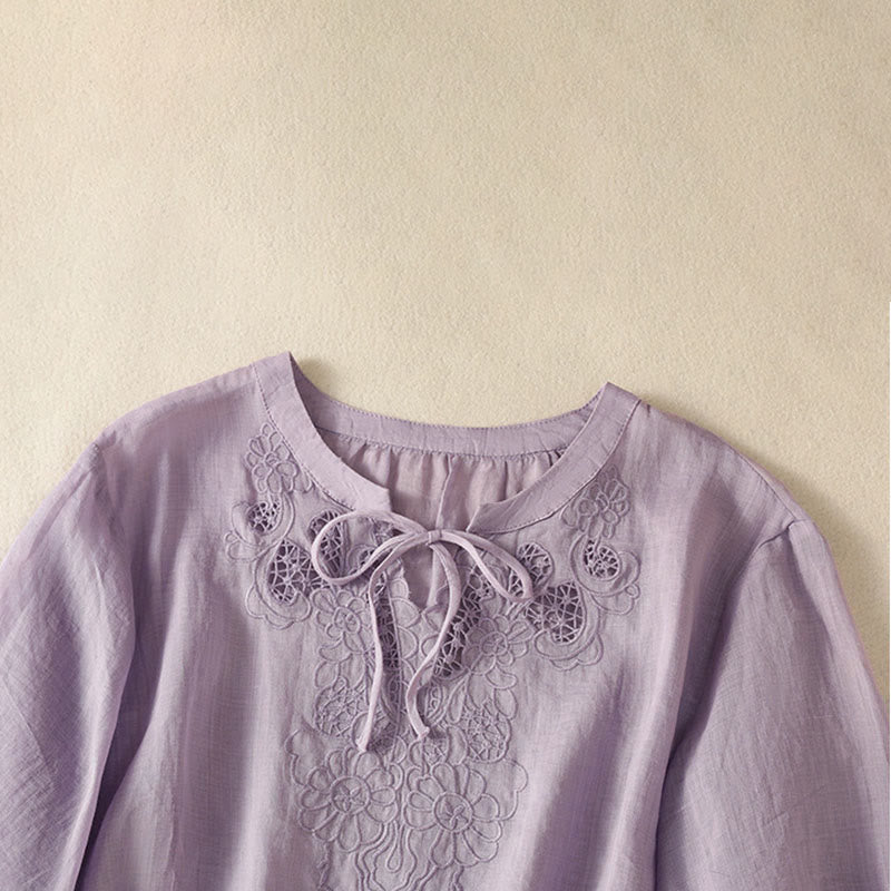 Buddha Stones Summer Embroidery Flower Lace-up Design Notched Collar Women's Short Sleeve Shirt - image 2