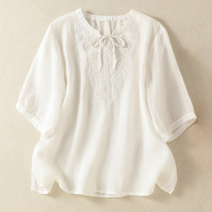 Buddha Stones Summer Embroidery Flower Lace-up Design Notched Collar Women's Short Sleeve Shirt - White - US8-10，UK/AU12-14，EU40-42 (2XL) - image 10