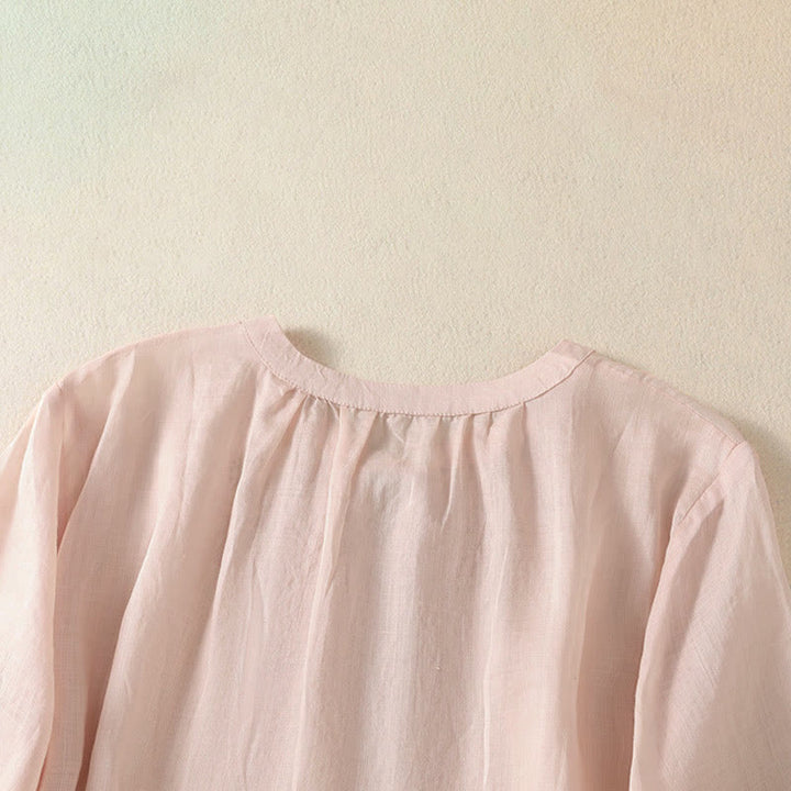 Buddha Stones Summer Embroidery Flower Lace-up Design Notched Collar Women's Short Sleeve Shirt - image 19