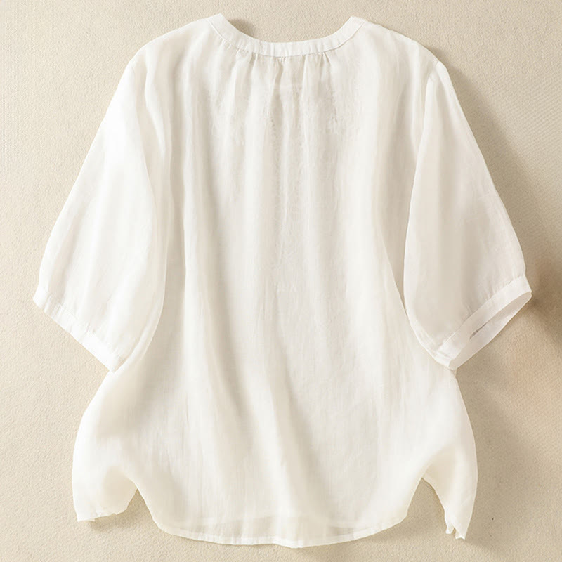 Buddha Stones Summer Embroidery Flower Lace-up Design Notched Collar Women's Short Sleeve Shirt - image 11